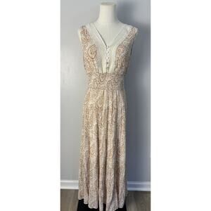 Boho Paisley Maxi Dress V-Neck Smocked Waist Sleeveless Sz Petite Large Slim Fit